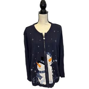 Vintage Bechamel Not Ugly Christmas Cardigan Sweater Blue Snowmen Zip 2XL